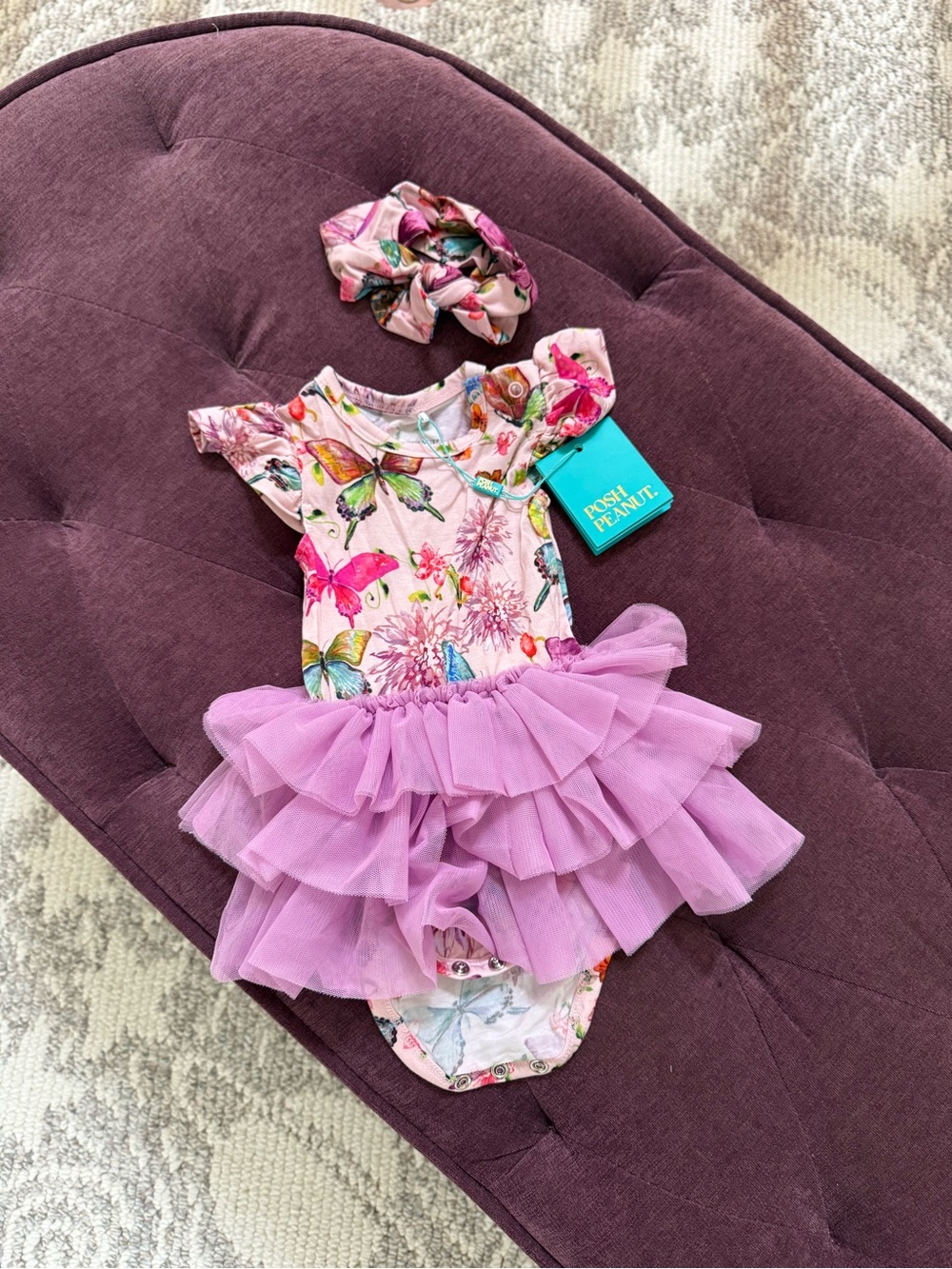 Posh Peanut Pink & Lavender Butterfly Floral Tutu Bodysuit with Headband 3-6M